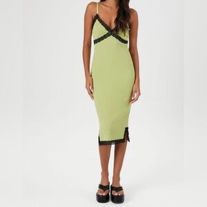 Forever 21 Juniors Ribbed Bodycon Spaghetti Straps V-Neck Dress Green Size Large